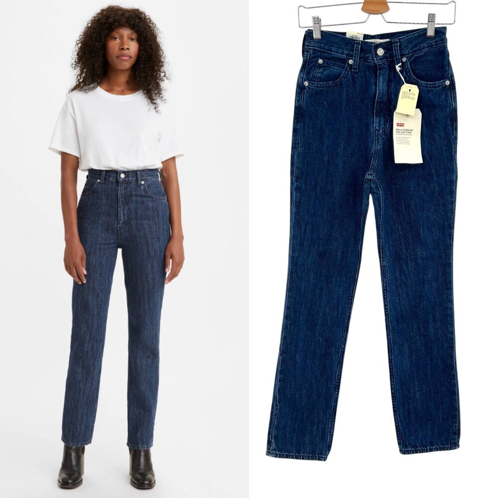 Levi's Wellthread 70's High Rise Straight Fit Jeans Dark Wash Blue Size 24